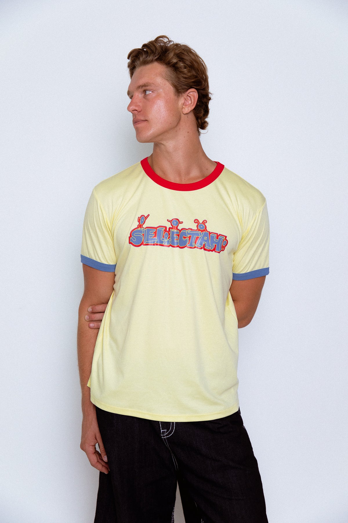 'SELECTAH' ringer tee in Pale Yellow